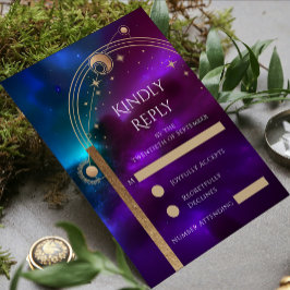 Tarjeta De Confirmación De Asistencia Boda de estrellas de luna de oro Verde azulado púr