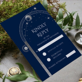 Tarjeta De Confirmación De Asistencia Boda de estrellas lunares celestiales de plata azu