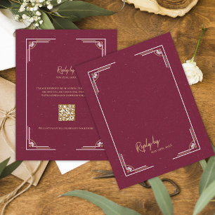 Tarjeta De Confirmación De Asistencia Boda de etiqueta con código QR Art Déco en oro y b