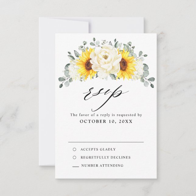 Tarjeta De Confirmación De Asistencia Boda de Eucaliptos Florales de Marfil de Sunflower (Anverso)