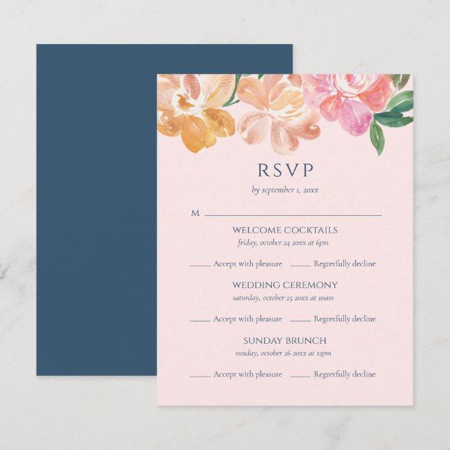 Tarjeta De Confirmación De Asistencia Boda de eventos multievento Classic Blue Watercolo (Anverso / Reverso)