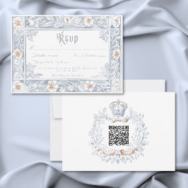 Tarjeta De Confirmación De Asistencia Boda de Fantasía Medieval Marco Azul Dorado Grabad