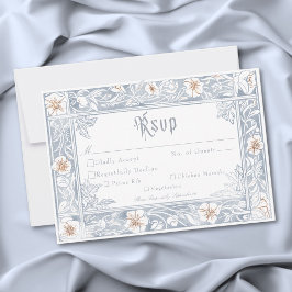 Tarjeta De Confirmación De Asistencia Boda de Fantasía Medieval Marco Azul Dorado Grabad
