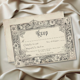Tarjeta De Confirmación De Asistencia Boda de fantasía medieval vintage negro grabado