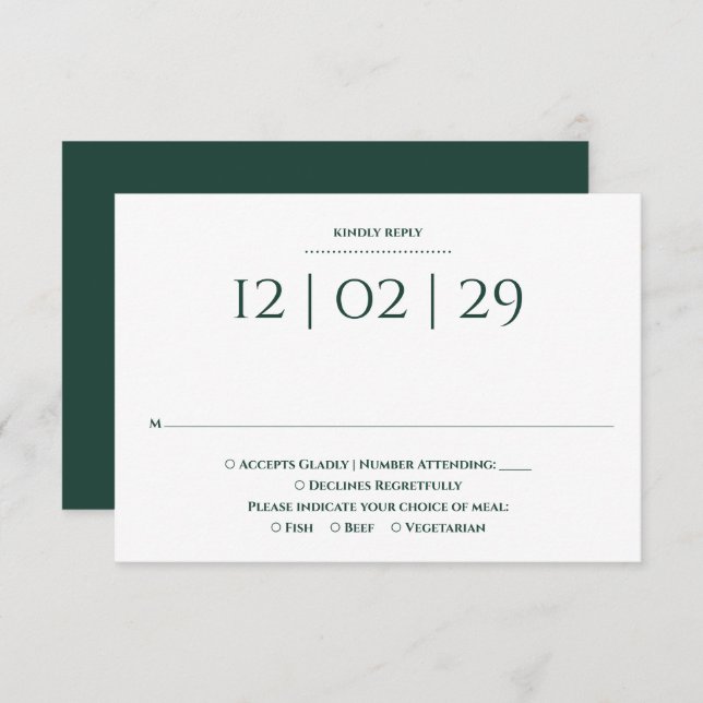 Tarjeta De Confirmación De Asistencia Boda de fecha especial simple de Emerald Green (Anverso / Reverso)