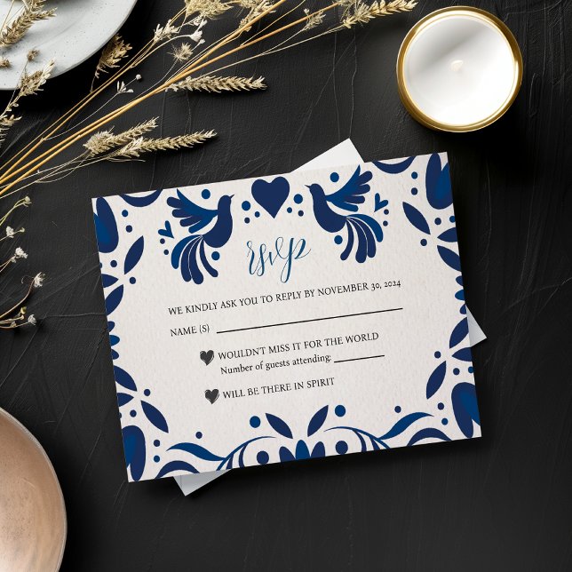 Tarjeta De Confirmación De Asistencia Boda de Fiesta Elegante de Floral Azul Otomí (Mexican Otomi Blue Floral Elegant Fiesta Wedding RSVP Card)