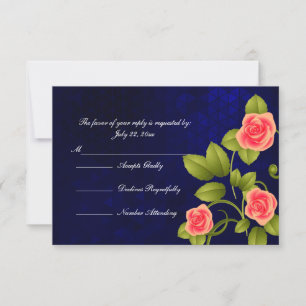 Tarjeta De Confirmación De Asistencia Boda de flor azul oscuro y coral Rosa