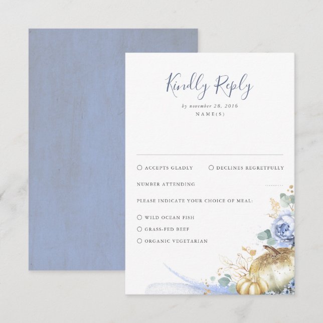 Tarjeta De Confirmación De Asistencia Boda de flores azules y calabazas (Anverso / Reverso)