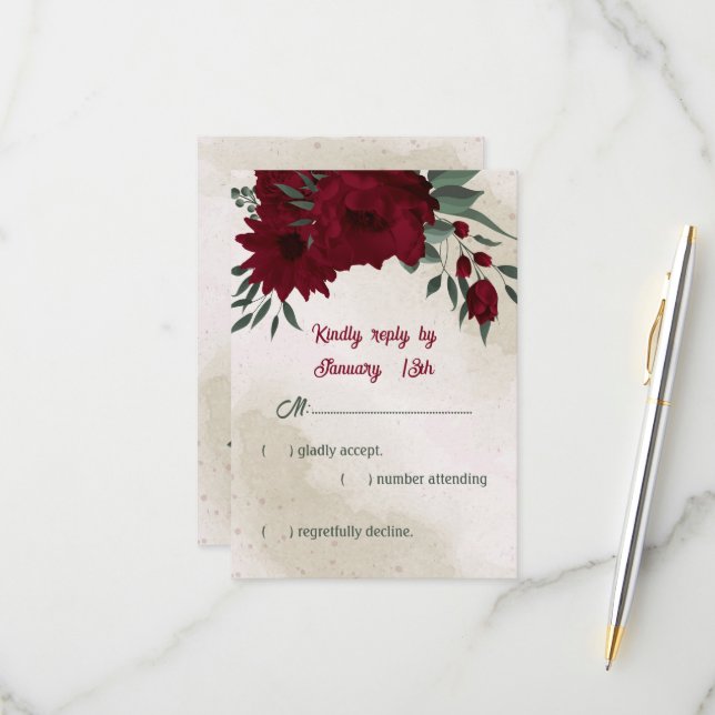 Tarjeta De Confirmación De Asistencia Boda de flores de Borgoña (Anverso/Reverso In Situ)