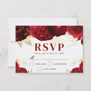 Tarjeta De Confirmación De Asistencia Boda de flores rojas y doradas al acuarela