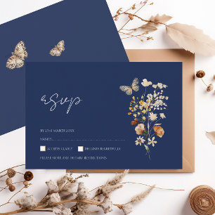 Tarjeta De Confirmación De Asistencia Boda de Flores Silvestres del otoño azul de la mar