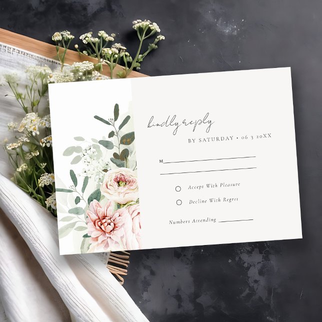 Tarjeta De Confirmación De Asistencia Boda de follaje Eucalyptus Pink Peonies Rubor Blan (Subido por el creador)