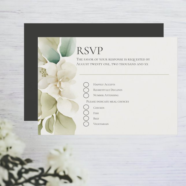 Tarjeta De Confirmación De Asistencia Boda de follaje verde silenciado (Muted Green Foliage Wedding RSVP Card with personalized responses. easy to edit. RSVPs from Ricaso)