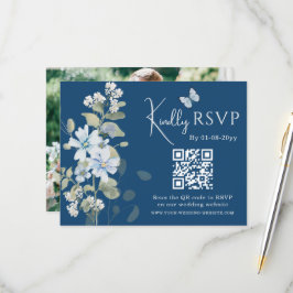 Tarjeta De Confirmación De Asistencia Boda de foto de código QR de Floral Azul Romántico