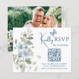 Tarjeta De Confirmación De Asistencia Boda de foto de código QR de Floral Azul Romántico