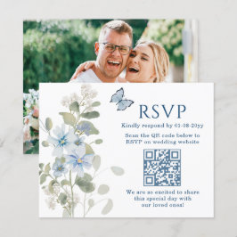 Tarjeta De Confirmación De Asistencia Boda de foto de código QR de Floral Azul Romántico