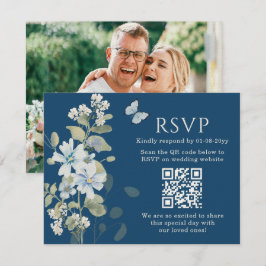 Tarjeta De Confirmación De Asistencia Boda de foto de código QR de Floral Azul Romántico