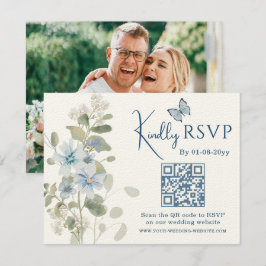 Tarjeta De Confirmación De Asistencia Boda de foto de código QR de Floral Azul Romántico