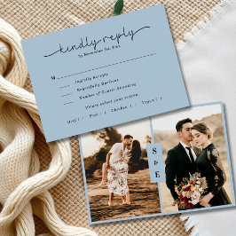 Tarjeta De Confirmación De Asistencia Boda de fotografía azul con escritura caligráfica