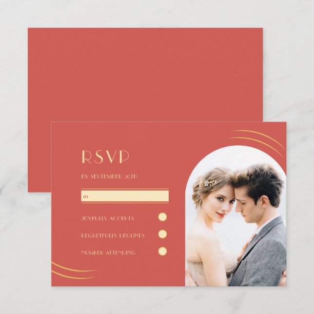 Tarjeta De Confirmación De Asistencia Boda de fotografías rojas vibrantes de Golden Wisp (Anverso / Reverso)