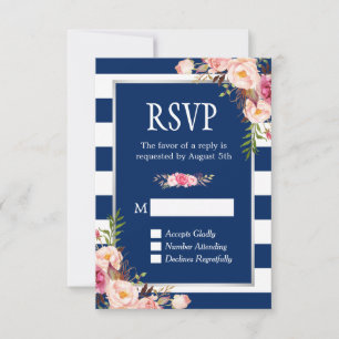 Tarjeta De Confirmación De Asistencia Boda de franjas azules de la Marina de Plata Flora