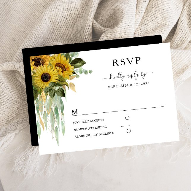 Tarjeta De Confirmación De Asistencia Boda De Girasol Blanco Y Negro Moderno (Modern Black And White Sunflower Wedding RSVP Card)