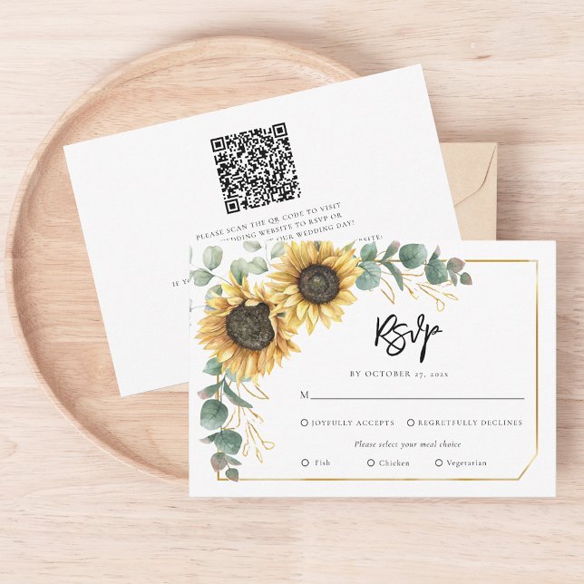 Tarjeta De Confirmación De Asistencia Boda de girasol con escritura botánica floral (Floral Sunflower Eucalyptus Greenery Wedding Enclosure RSVP Card)