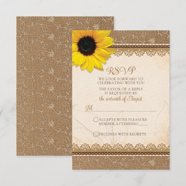 Tarjeta De Confirmación De Asistencia Boda de girasol de Burlap Lace (Anverso / Reverso)