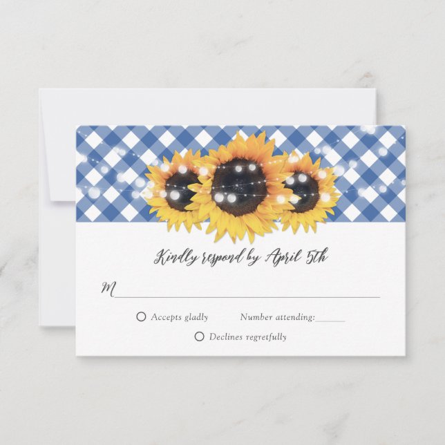 Tarjeta De Confirmación De Asistencia Boda de Girasol Rústico de Gingham Azul (Anverso)