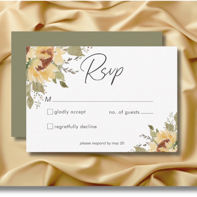 Tarjeta De Confirmación De Asistencia Boda de girasoles de gran Boho rústico suave (Soft Rustic Large Boho Sunflowers Wedding RSVP Card)