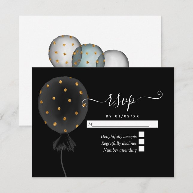 Tarjeta De Confirmación De Asistencia Boda de globos Purpurina negro y dorado (Anverso / Reverso)