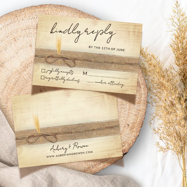 Tarjeta De Confirmación De Asistencia Boda de gramaje de Boho Burlap Eco Wood Pampass (Subido por el creador)