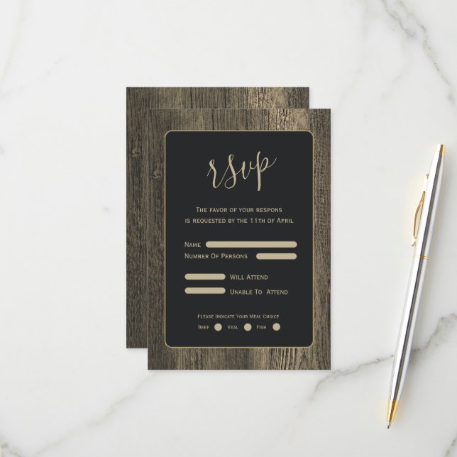 Tarjeta De Confirmación De Asistencia Boda de Grano de Madera Dorada (Anverso/Reverso In Situ)