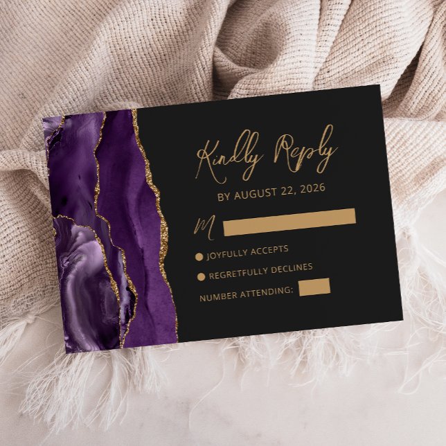 Tarjeta De Confirmación De Asistencia Boda de guión moderno Purple Gold Agate (Subido por el creador)
