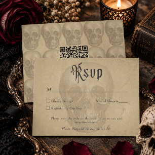 Tarjeta De Confirmación De Asistencia Boda de Halloween Esqueleto Gótico Vintage QR
