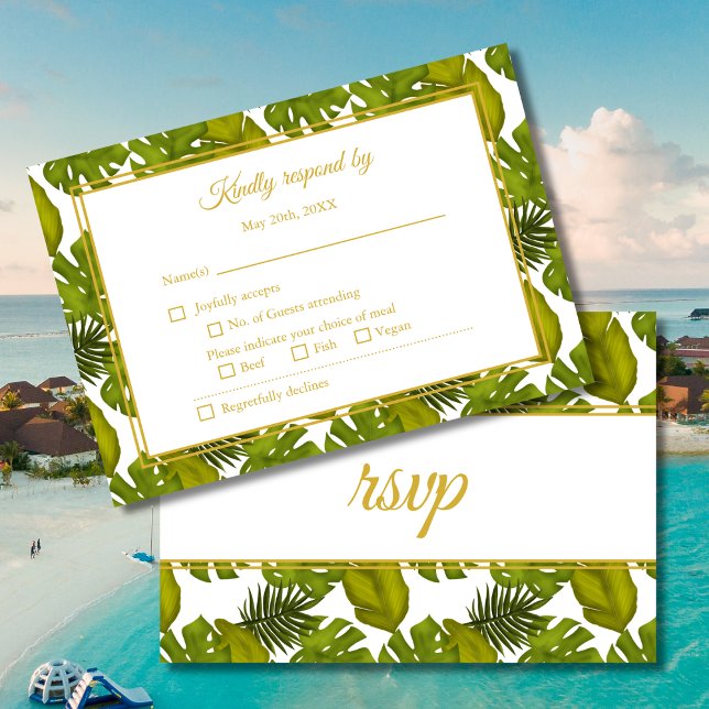 Tarjeta De Confirmación De Asistencia Boda de hojas tropicales verde y oro (Subido por el creador)