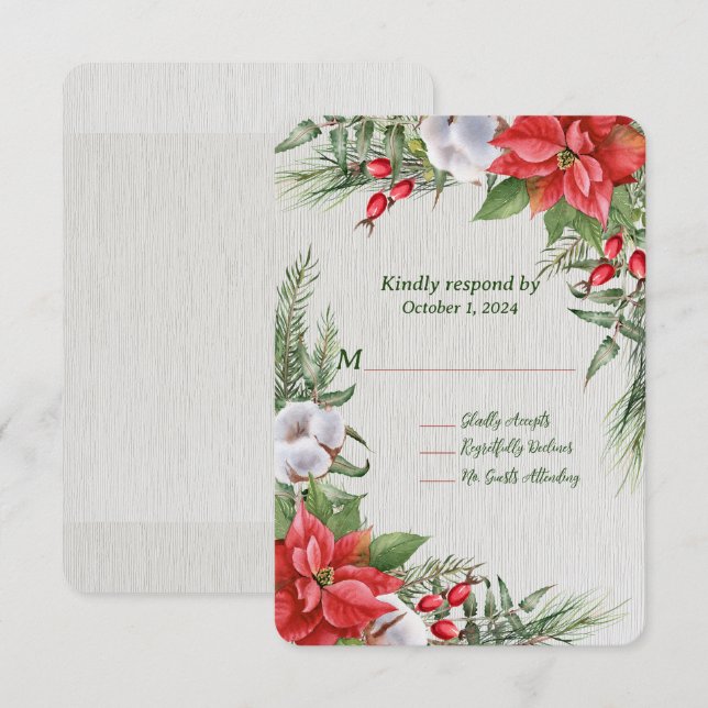 Tarjeta De Confirmación De Asistencia Boda de hojas verdes de Poinsettia Rojo (Anverso / Reverso)