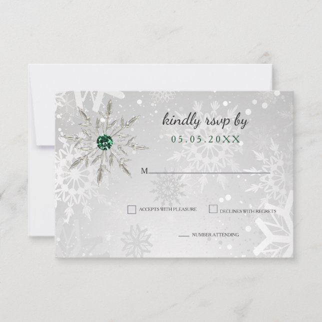 Tarjeta De Confirmación De Asistencia boda de invierno con copos de nieve verde esmerald (Anverso)