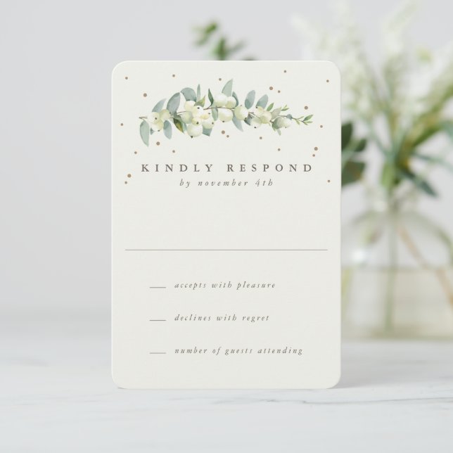 Tarjeta De Confirmación De Asistencia Boda de invierno Cream Snowberry+Eucalyptus (Anverso de pie)