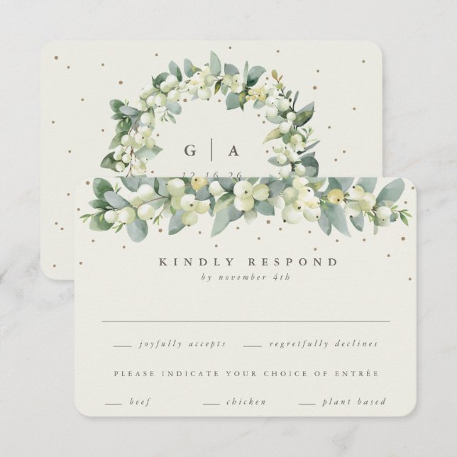 Tarjeta De Confirmación De Asistencia Boda de invierno Cream Snowberry+Eucalyptus Garlan (Anverso / Reverso)