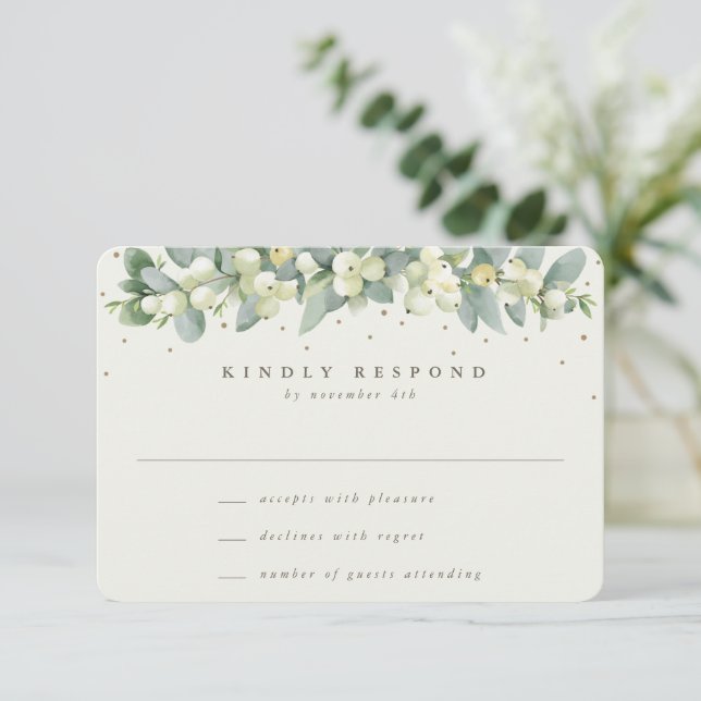 Tarjeta De Confirmación De Asistencia Boda de invierno Cream Snowberry+Eucalyptus Garlan (Anverso de pie)