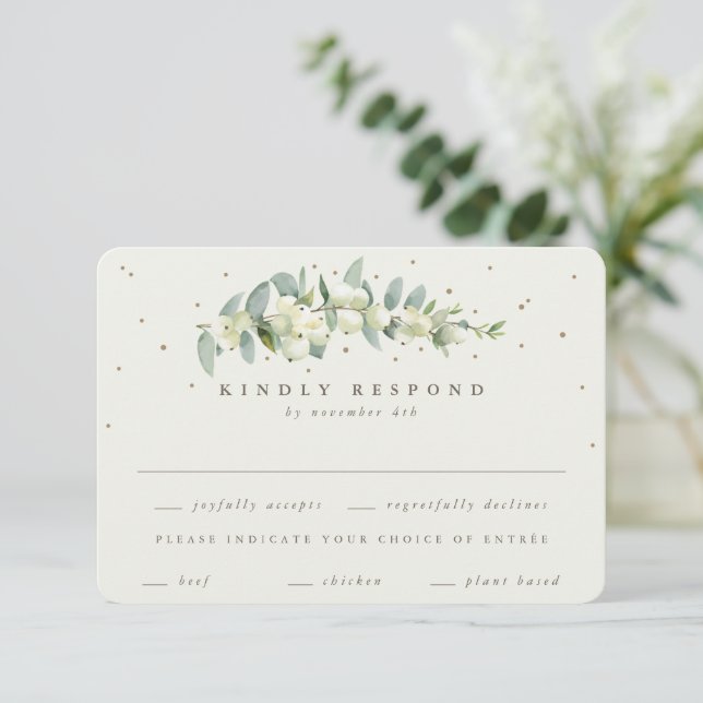 Tarjeta De Confirmación De Asistencia Boda de Invierno Cream Snowberry+Eucalyptus Stem (Anverso de pie)