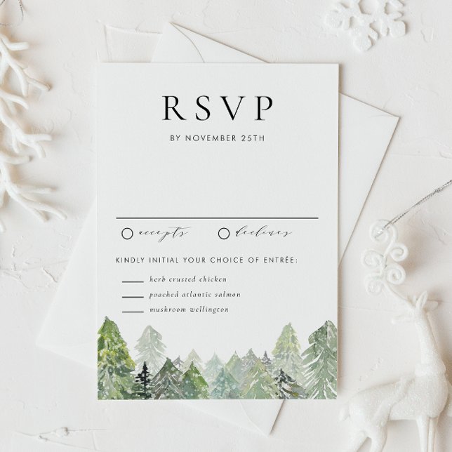Tarjeta De Confirmación De Asistencia Boda de Invierno de la Selva Nevada Evergreen (This RSVP card features a snowy watercolor forest, perfect for winter weddings and seasonal events.)