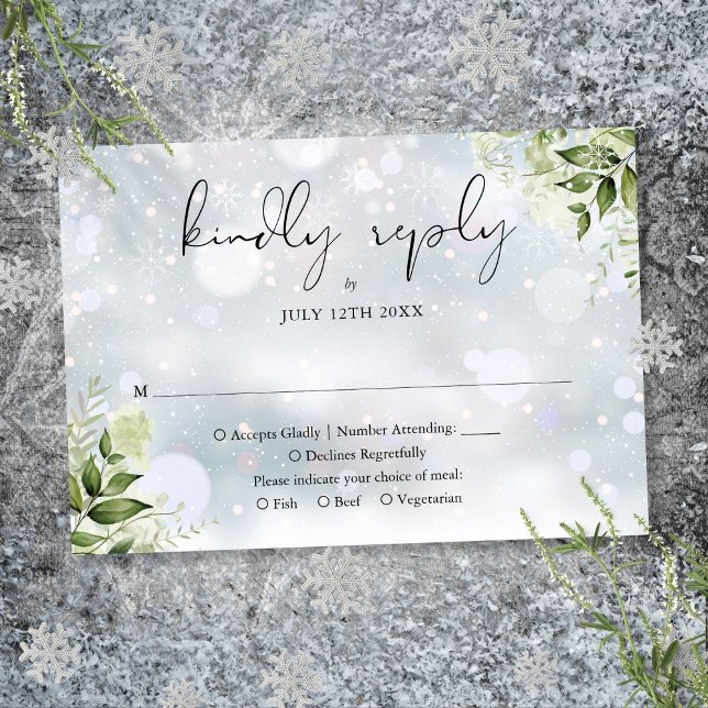 Tarjeta De Confirmación De Asistencia Boda de invierno floral de vegetación rústica (Rustic Greenery Floral Winter Wedding RSVP Card)