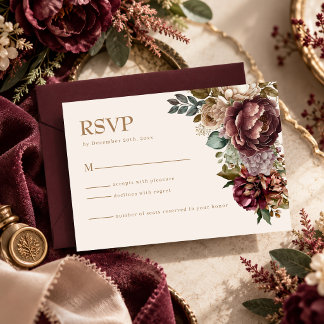 Tarjeta De Confirmación De Asistencia Boda de invierno floral rosa oscuro borgoña marfil
