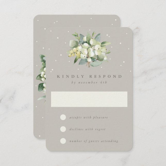 Tarjeta De Confirmación De Asistencia Boda de Invierno Greige Snowberry+Eucalyptus (Anverso / Reverso)
