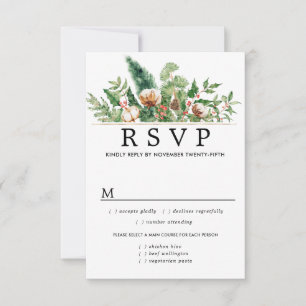 Tarjeta De Confirmación De Asistencia Boda de invierno Holly Pine Opciones de comidas RS