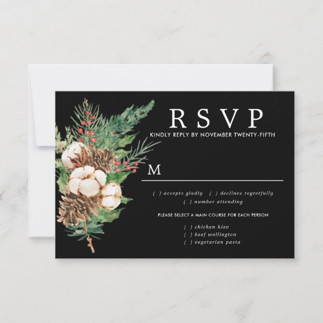 Tarjeta De Confirmación De Asistencia Boda de invierno Holly Pine Opciones de comidas RS (Anverso)