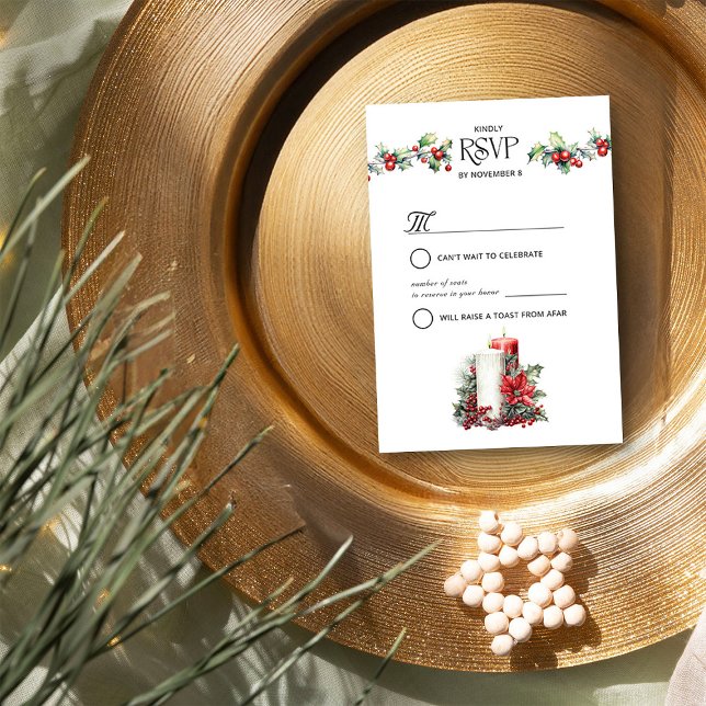 Tarjeta De Confirmación De Asistencia Boda de invierno Holly y Velas (RSVP Card from the Holly Bells Wedding Collection by Darling & May)