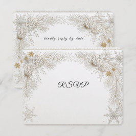 Tarjeta De Confirmación De Asistencia Boda de Invierno Ramas de Pino Oro Copos de Nieve